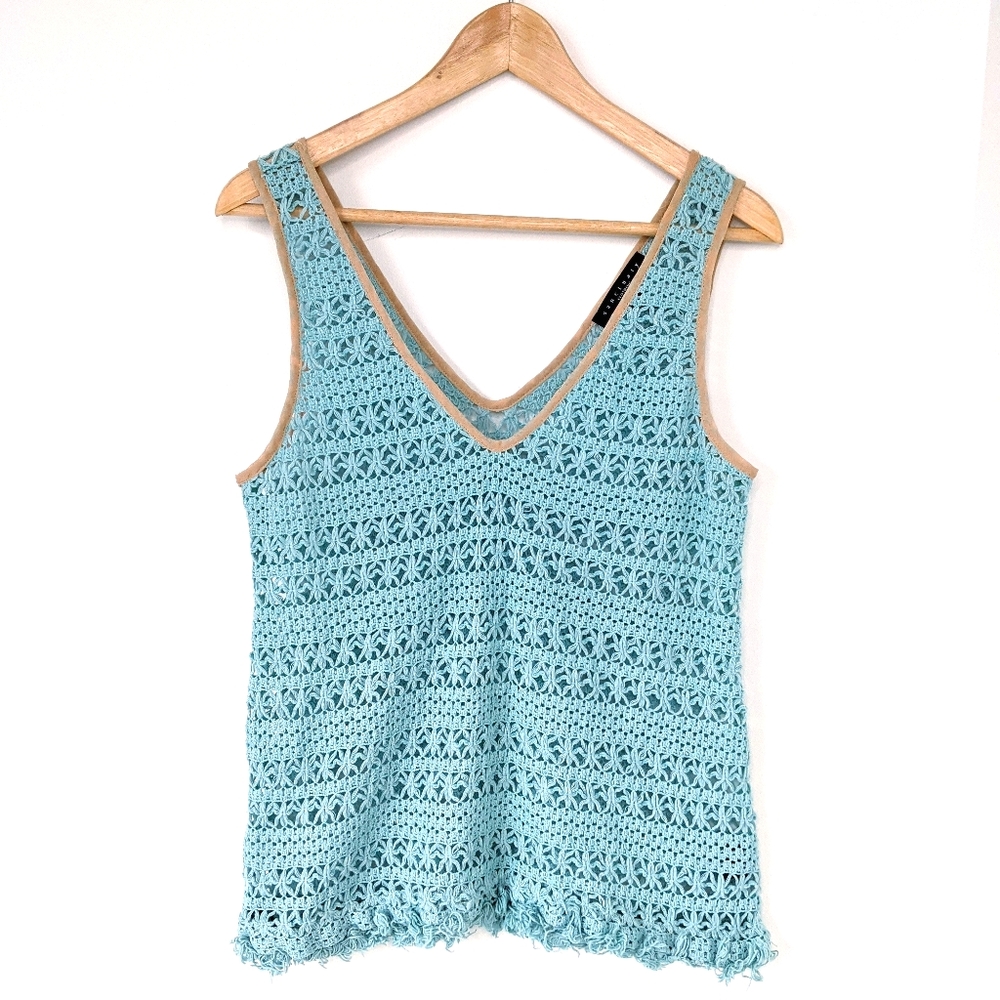mint blue loose knit sleeveless crochet top